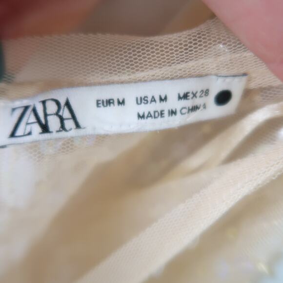 ZARA Sheer Mesh Cream Sequin Beaded Crop Top Shrug Bolero M - Picture 6 of 8